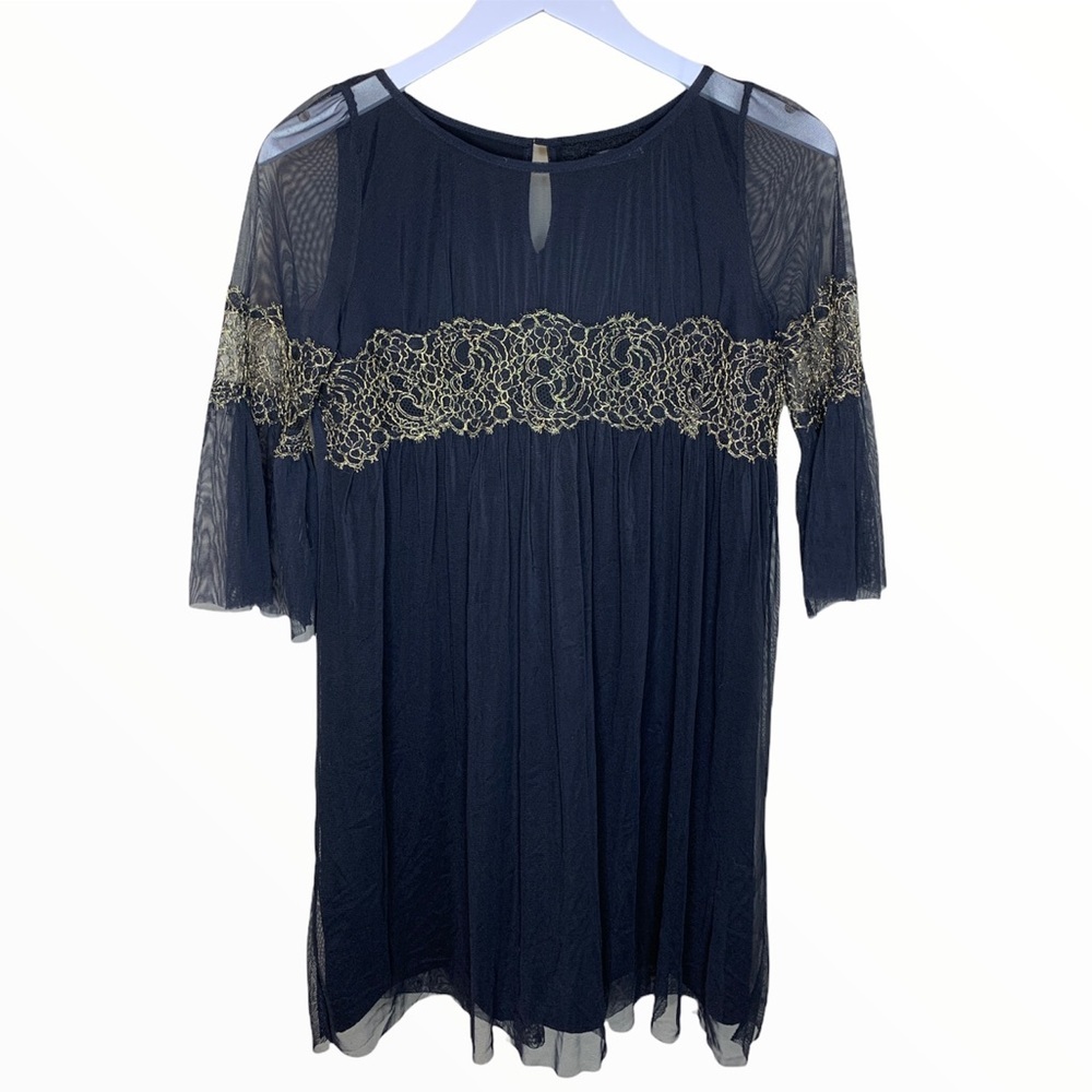 PATRIZIA PEPE SERA Chiffon Dress With Gold Scroll & Back Keyhole Black Sz Medium